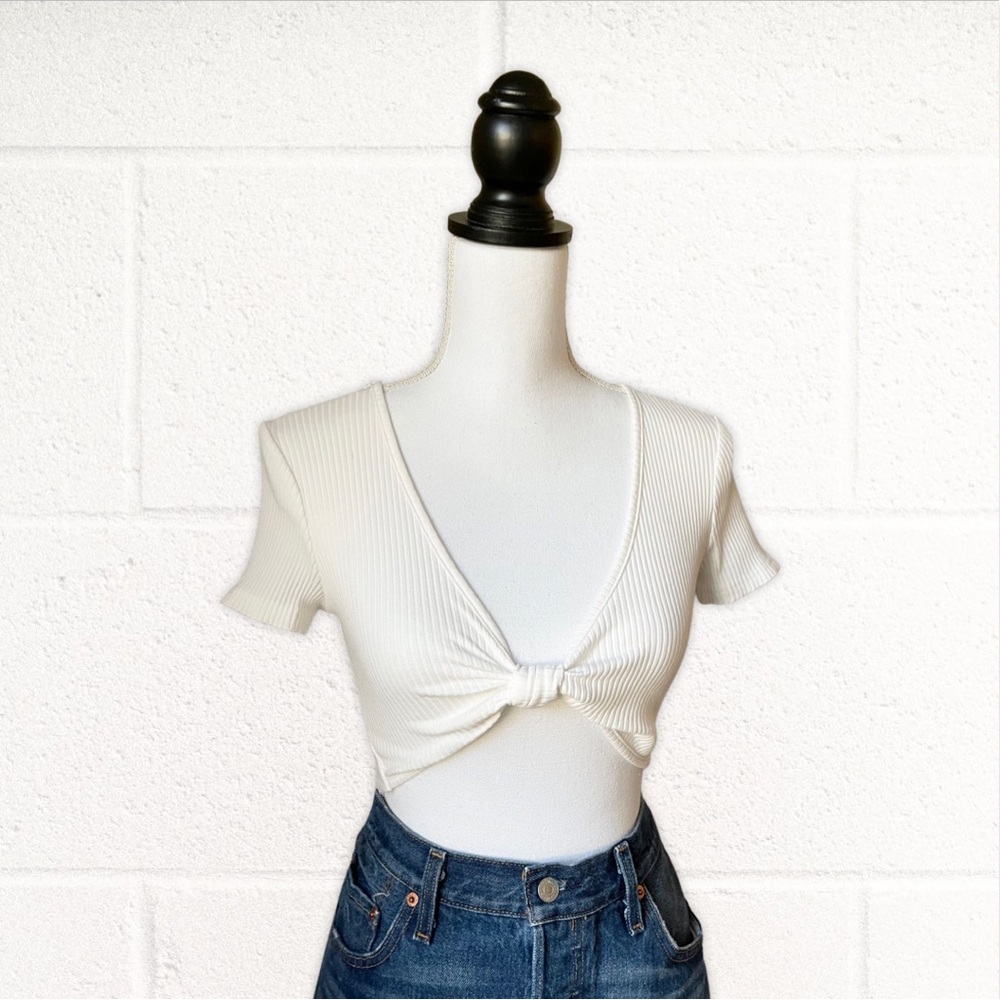 White Ribbed Ultra Cropped Tie Top